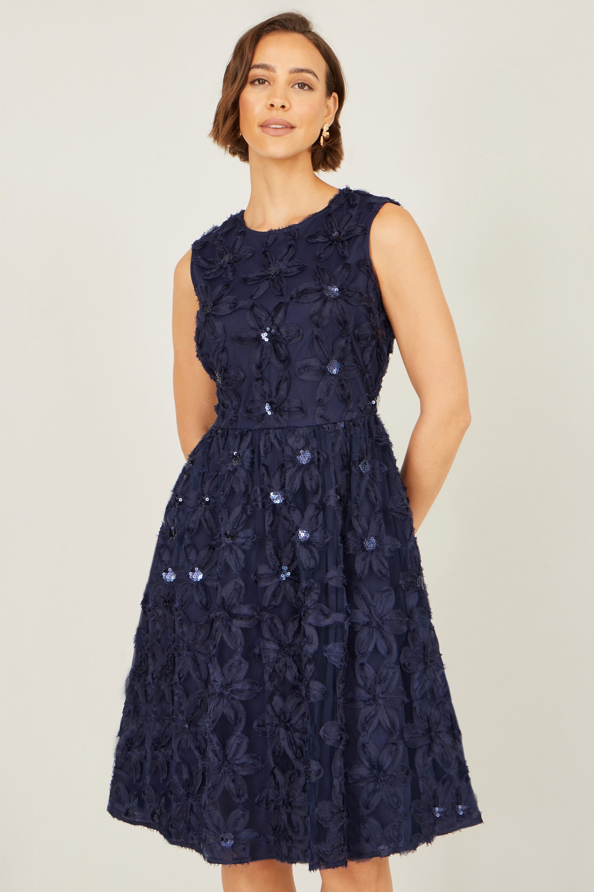 Yumi Navy Sequin Floral Applique Skater Dress Dress Occasion Yumi