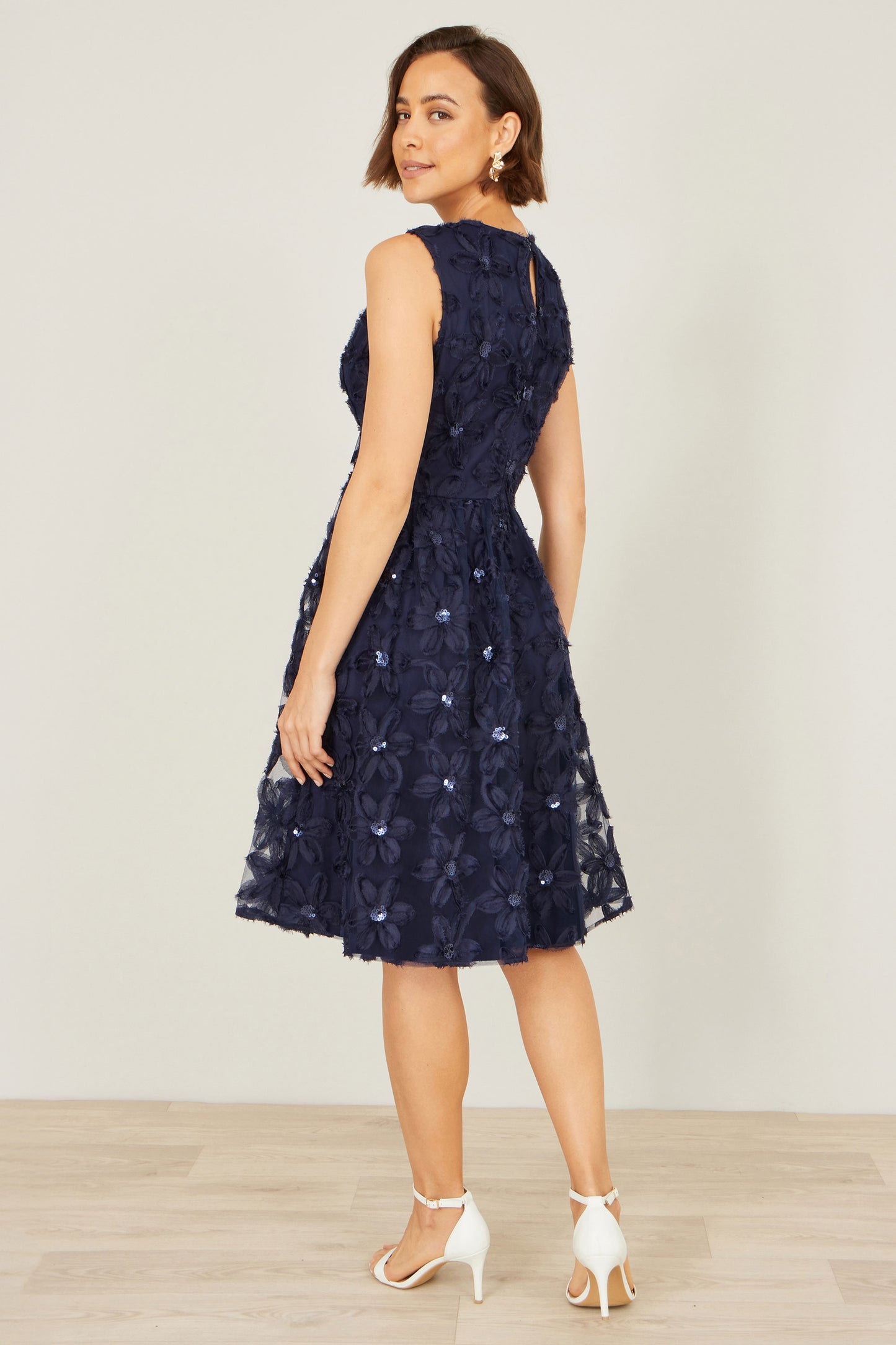 Yumi Navy Sequin Floral Applique Skater Dress Dress Occasion Yumi