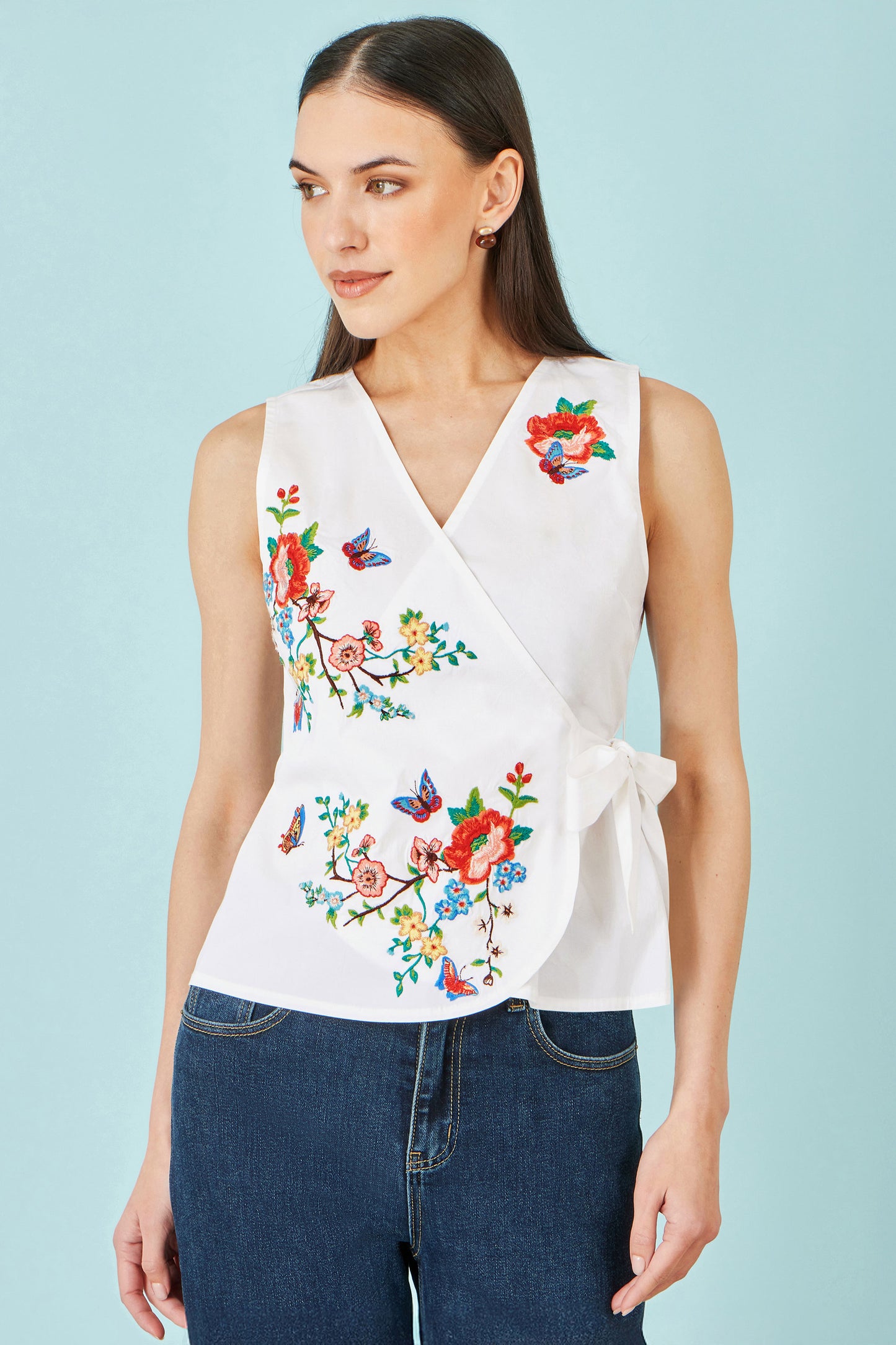 Yumi White Stretch Cotton Embroidered Wrap Top Tops Yumi