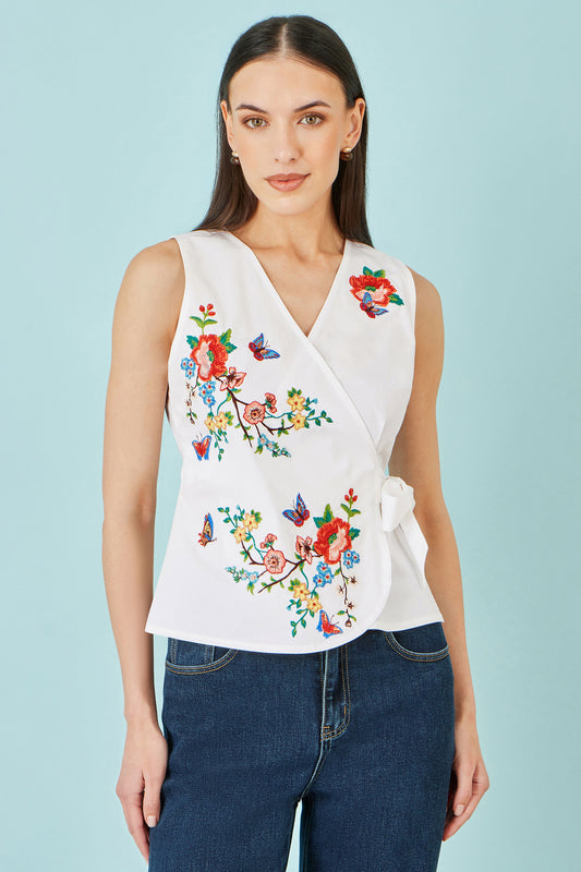 Yumi White Stretch Cotton Embroidered Wrap Top Tops Yumi