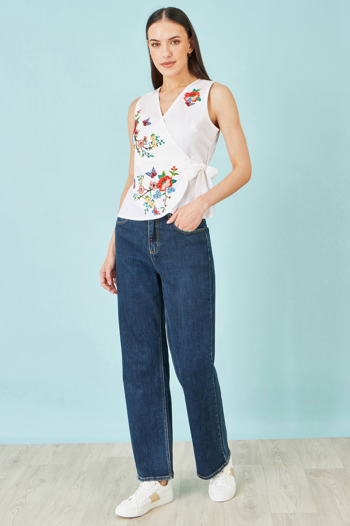 Yumi White Stretch Cotton Embroidered Wrap Top Tops Yumi