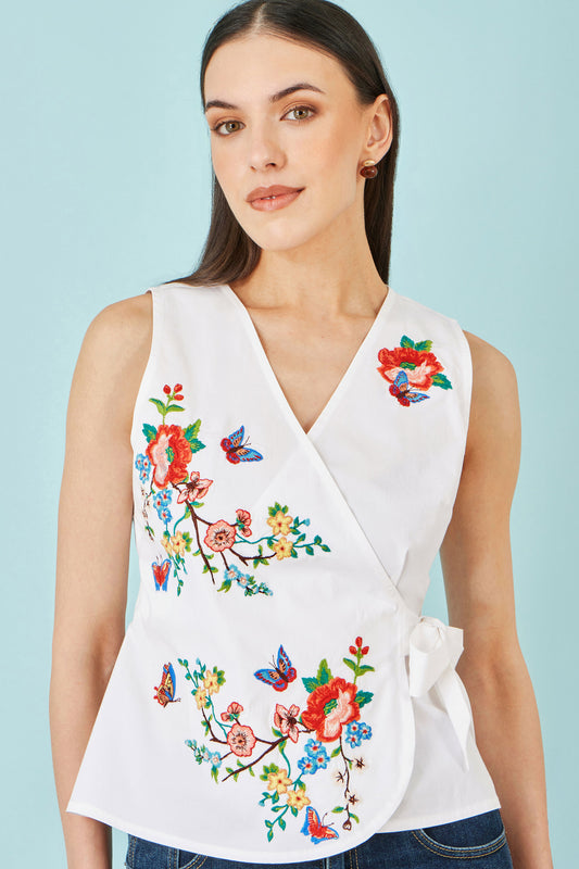 Yumi White Stretch Cotton Embroidered Wrap Top Tops Yumi