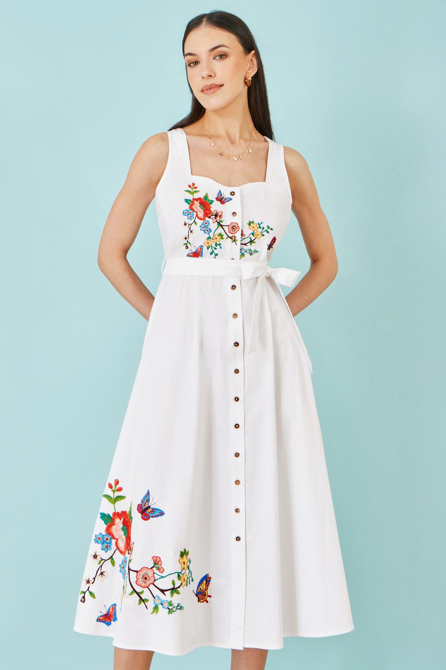 Yumi White Cotton Midi Dress With Embroidery Dress Occasion Yumi