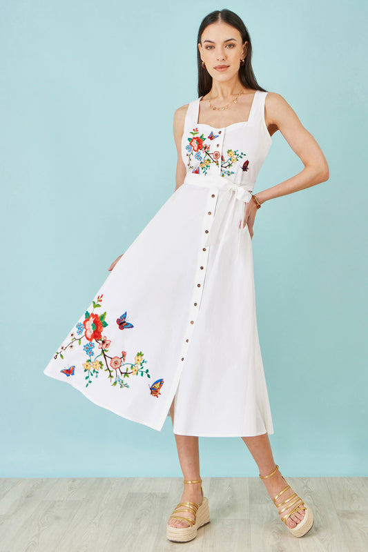 Yumi White Cotton Midi Dress With Embroidery Dress Occasion Yumi