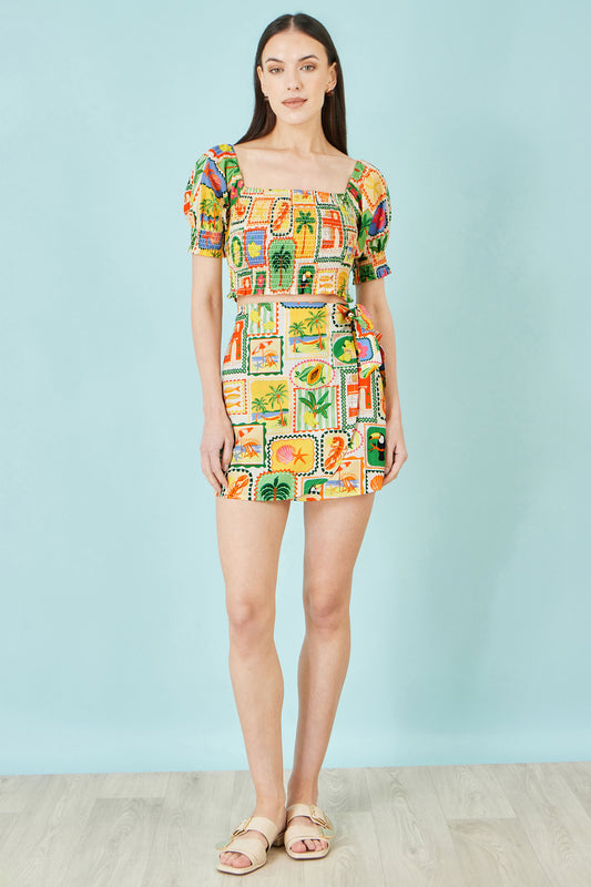 Yumi Multicolour Postcard Print Cotton Wrap Skirt