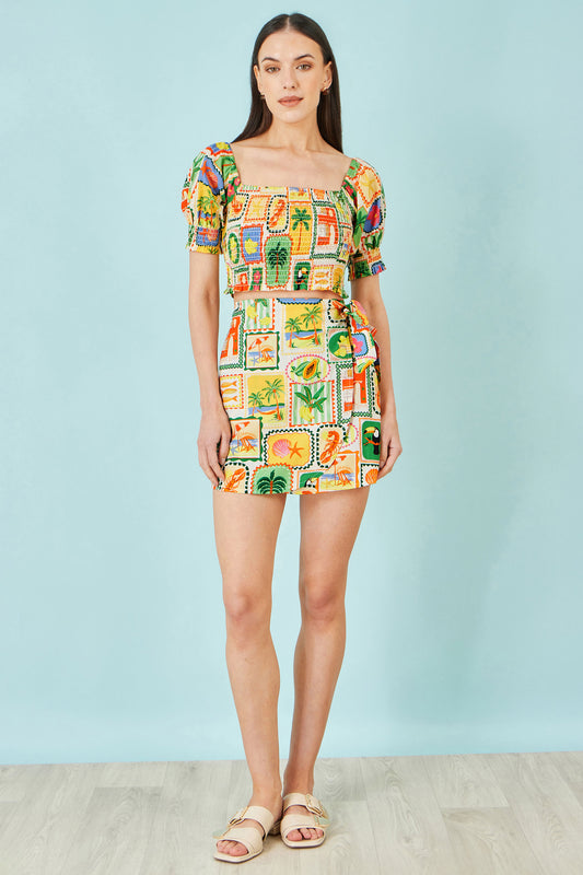 Yumi Multicolour Postcard Print Cotton Wrap Skirt Skirts Yumi