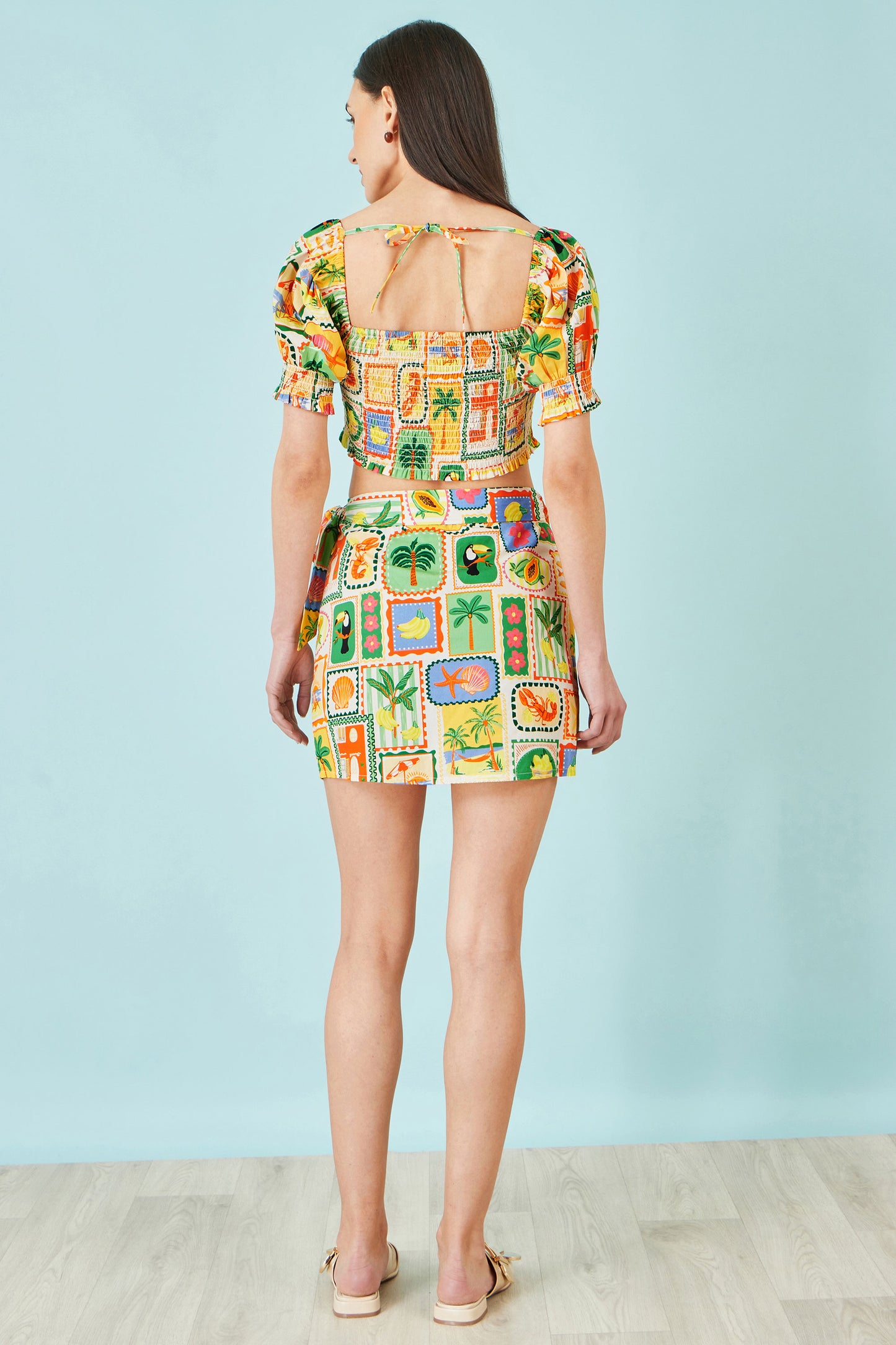 Yumi Multicolour Postcard Print Cotton Wrap Skirt Skirts Yumi