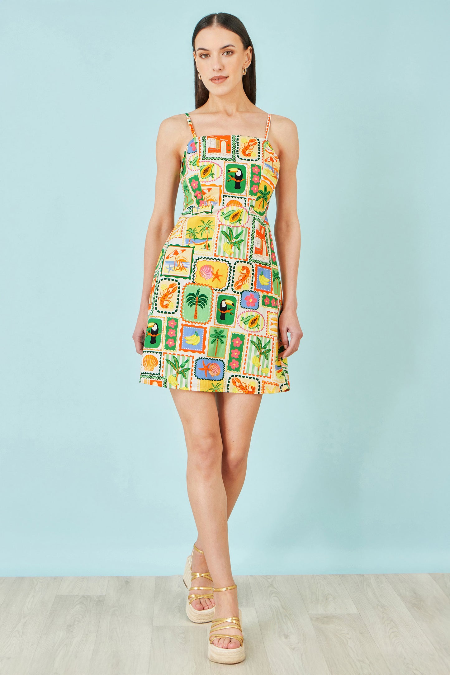 Yumi Multicolour Postcard Print Mini Sun Dress Beachwear Yumi