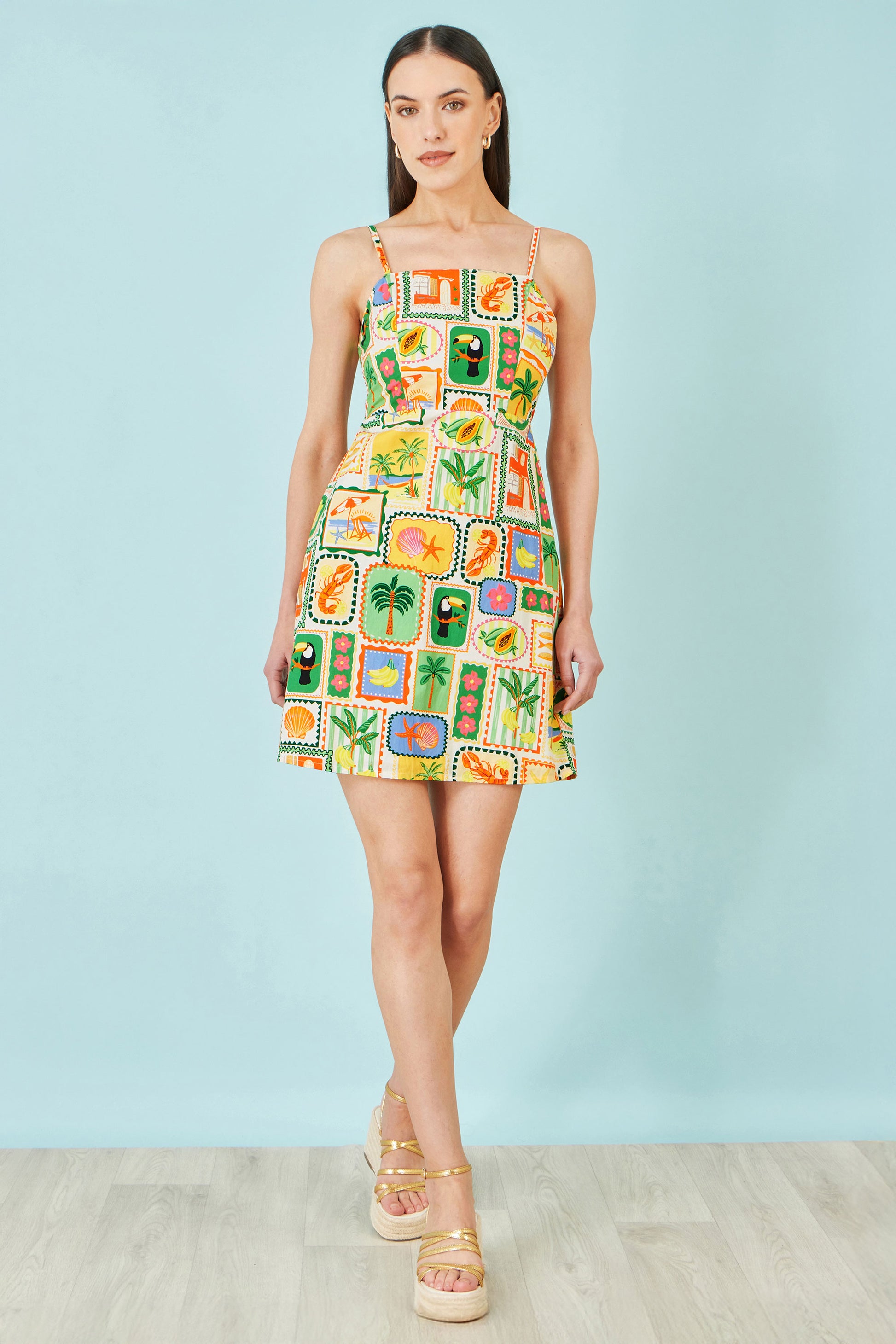 Yumi Multicolour Postcard Print Mini Sun Dress Beachwear Yumi
