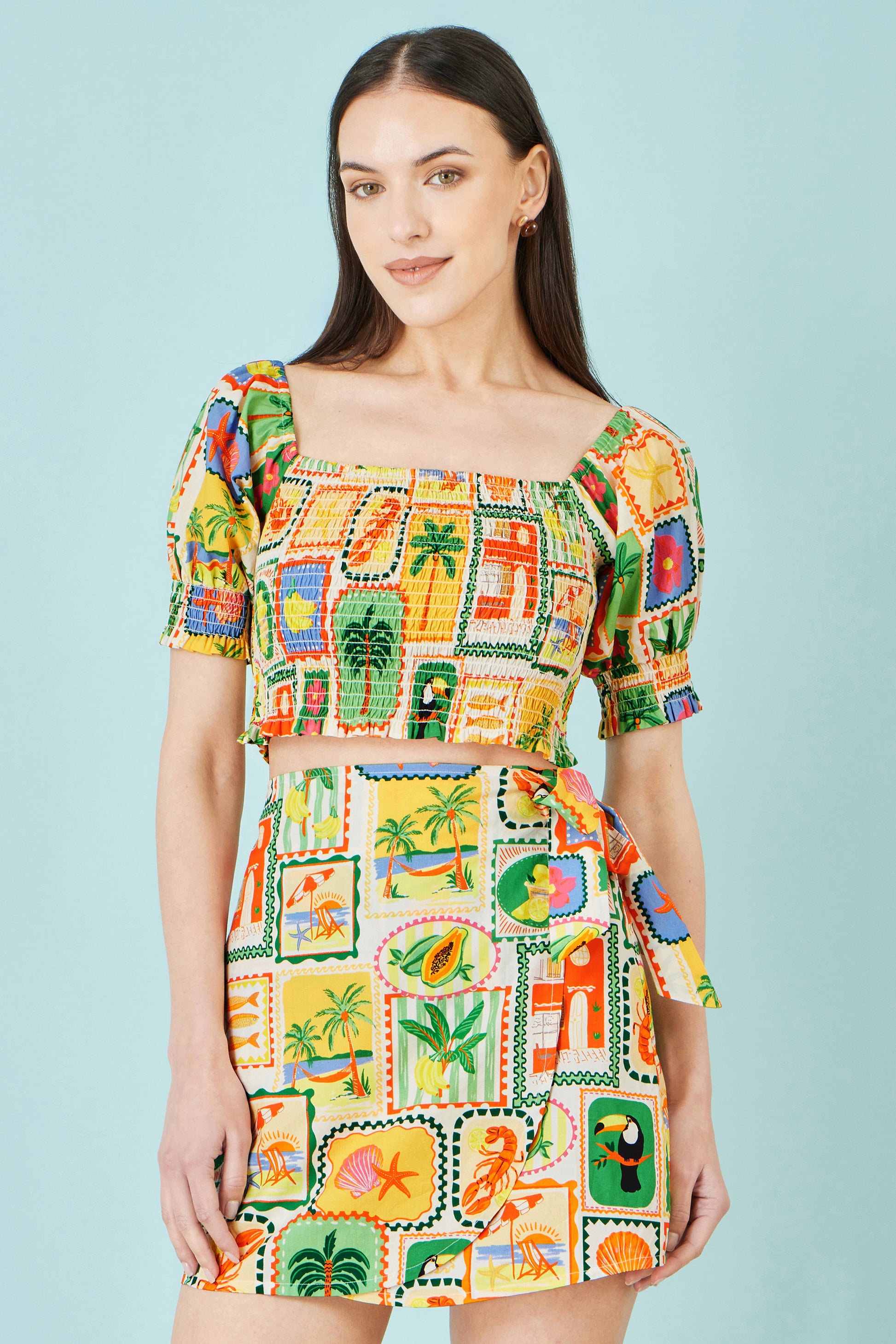 Yumi Multicolour Cropped Shirred Cotton Postcard Print Top Tops Yumi