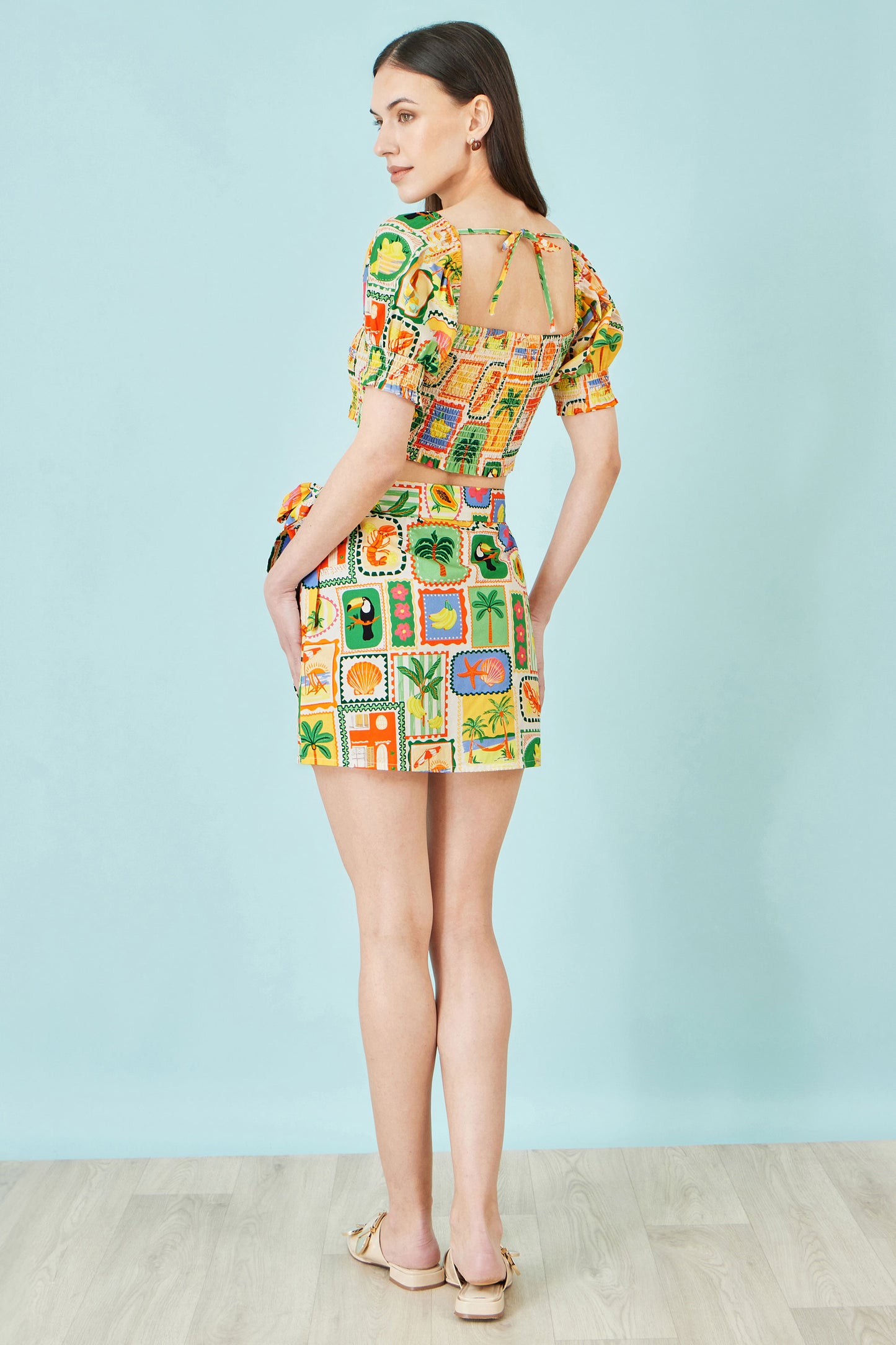 Yumi Multicolour Cropped Shirred Cotton Postcard Print Top Tops Yumi
