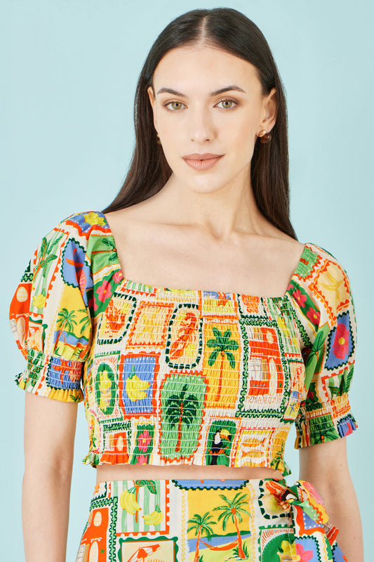 Yumi Multicolour Cropped Shirred Cotton Postcard Print Top Tops Yumi