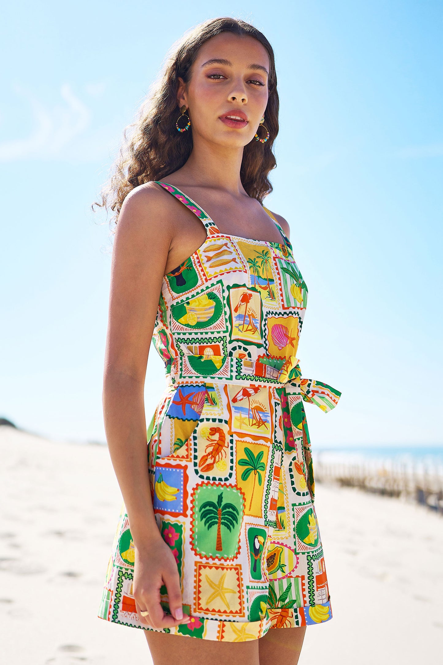 Yumi Multicolour Cotton Postcard Print Playsuit PLAYSUIT Yumi