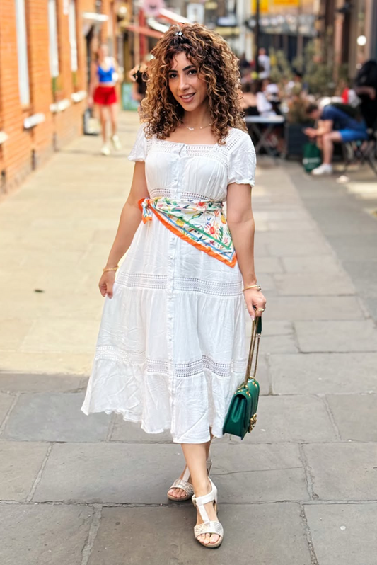 Yumi White Cotton Square Neckline Lace Midi Dress Beachwear Yumi