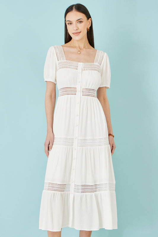 Yumi White Cotton Square Neckline Lace Midi Dress Beachwear Yumi