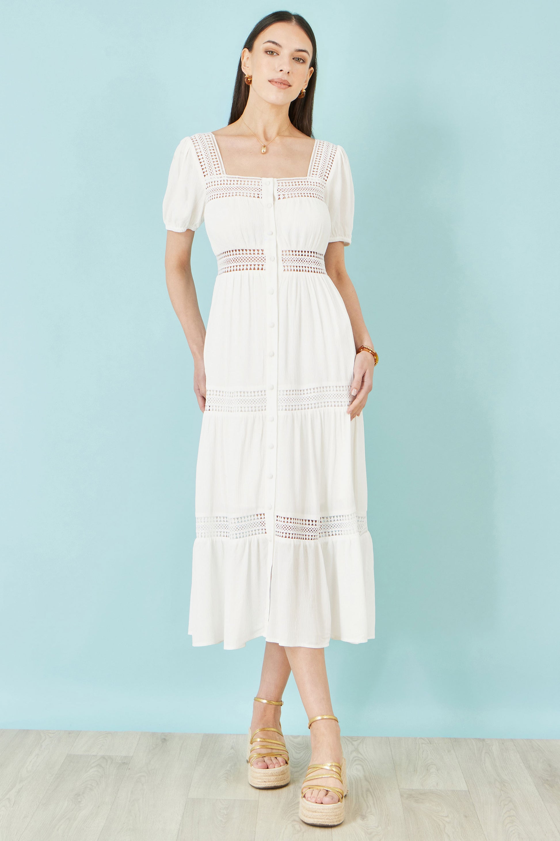 Yumi White Cotton Square Neckline Lace Midi Dress Beachwear Yumi