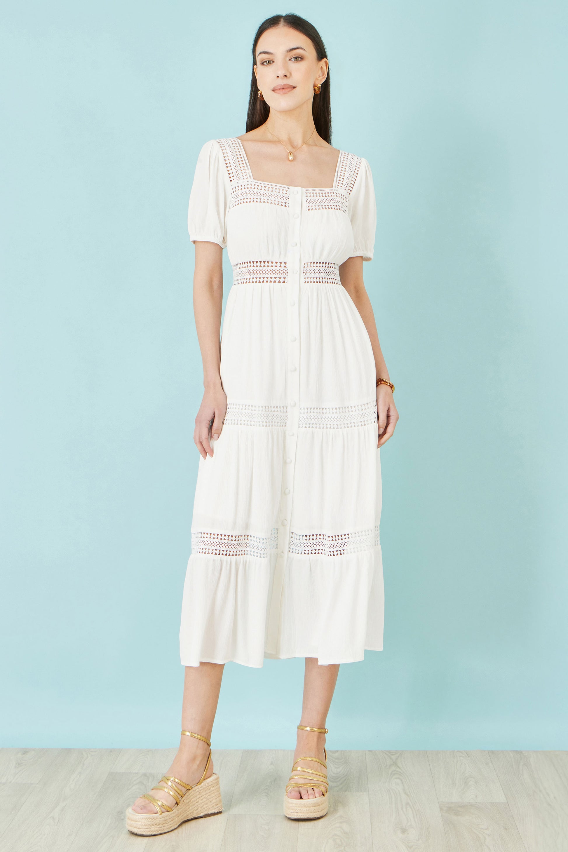 Yumi White Cotton Square Neckline Lace Midi Dress Beachwear Yumi