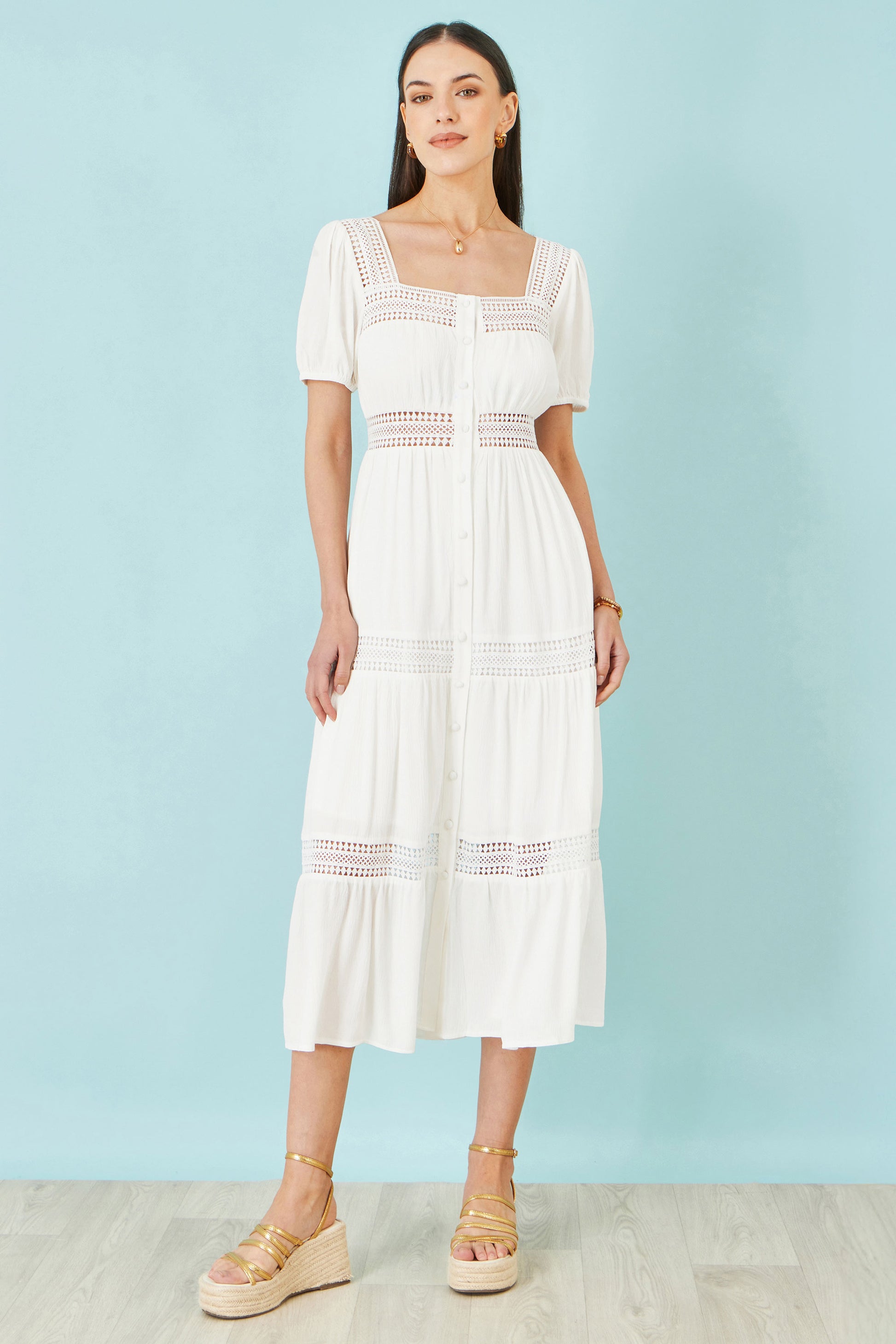 Yumi White Cotton Square Neckline Lace Midi Dress Beachwear Yumi