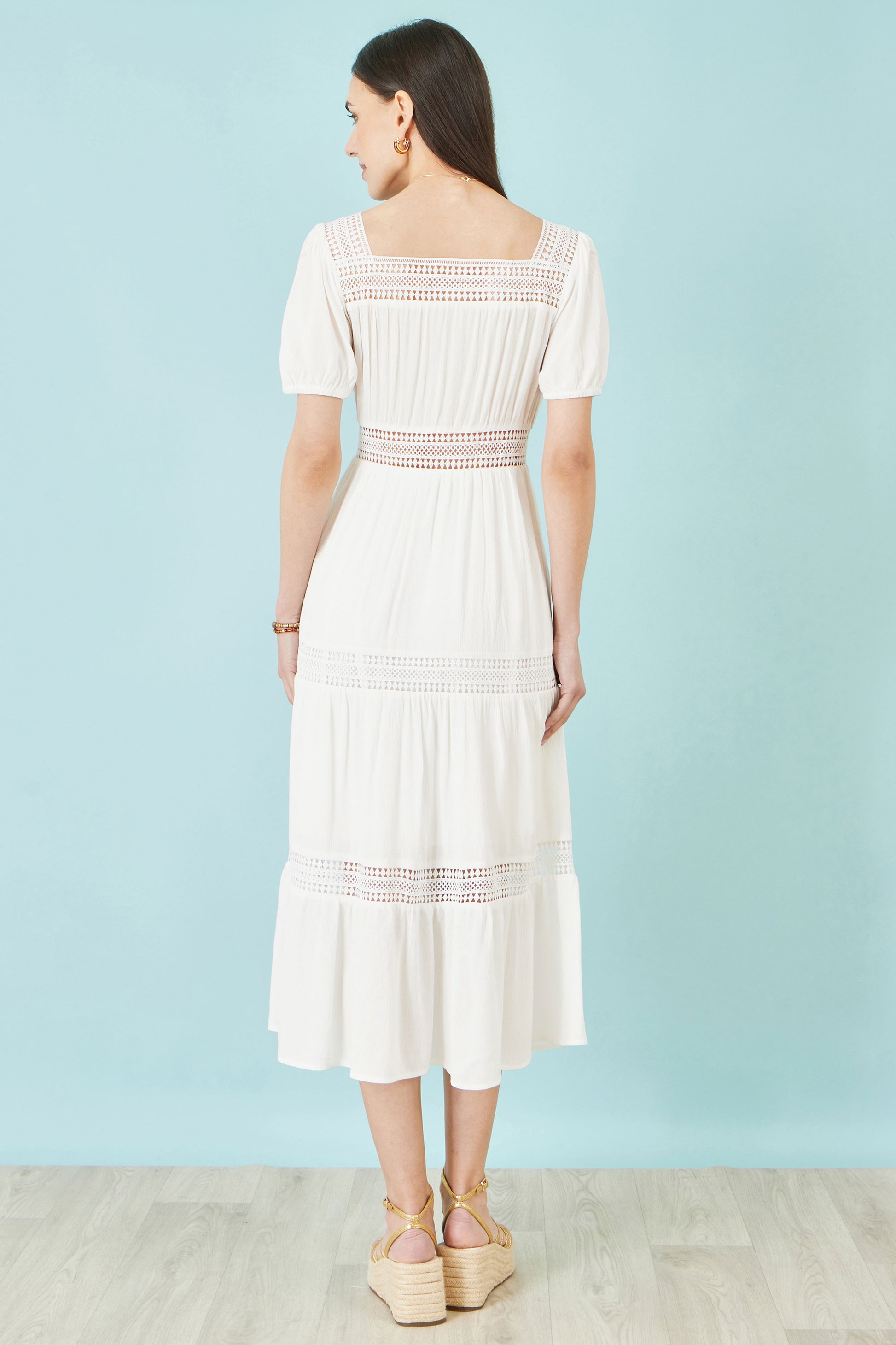 Yumi White Cotton Square Neckline Lace Midi Dress Beachwear Yumi
