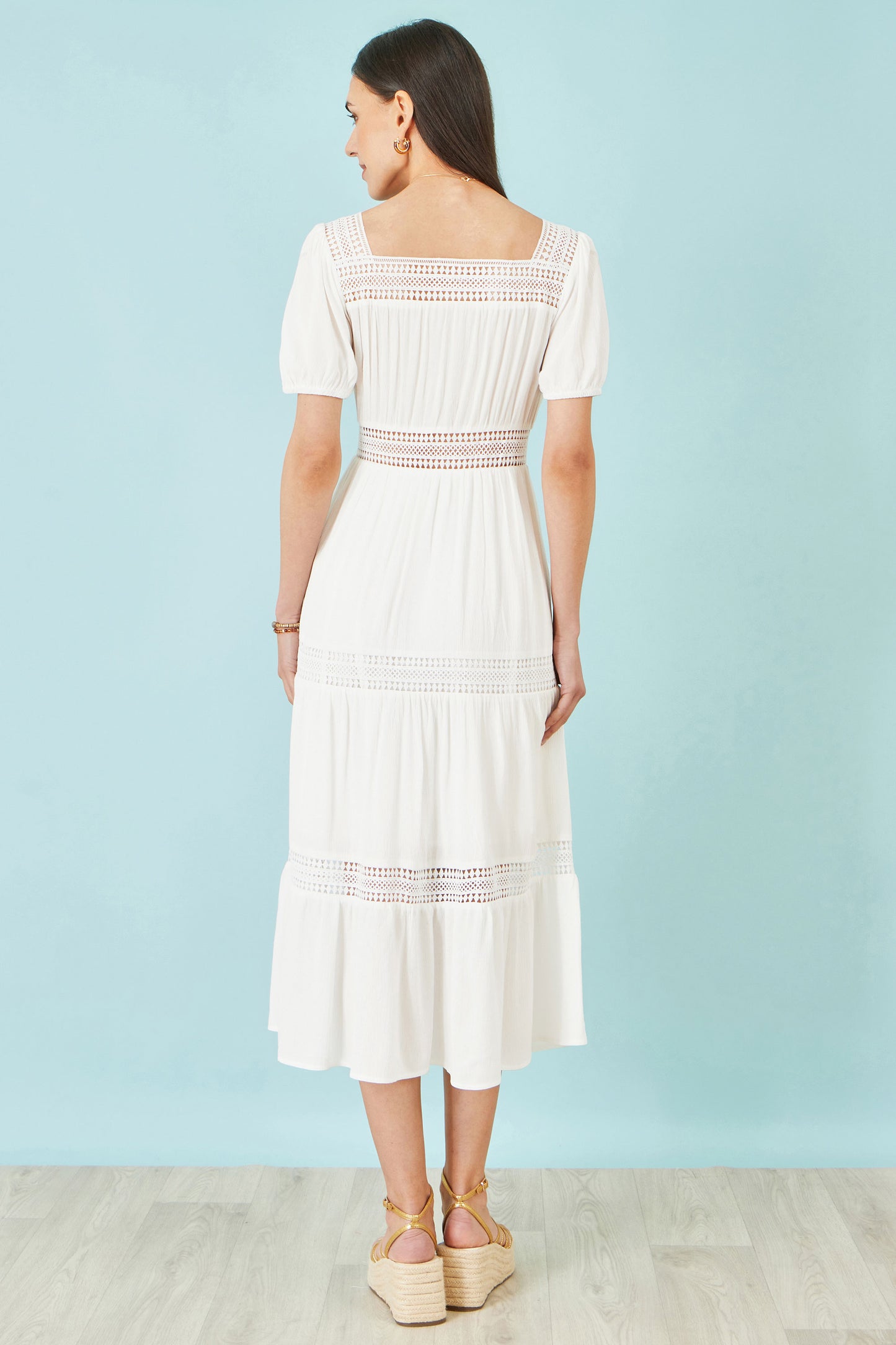 Yumi White Cotton Square Neckline Lace Midi Dress Beachwear Yumi