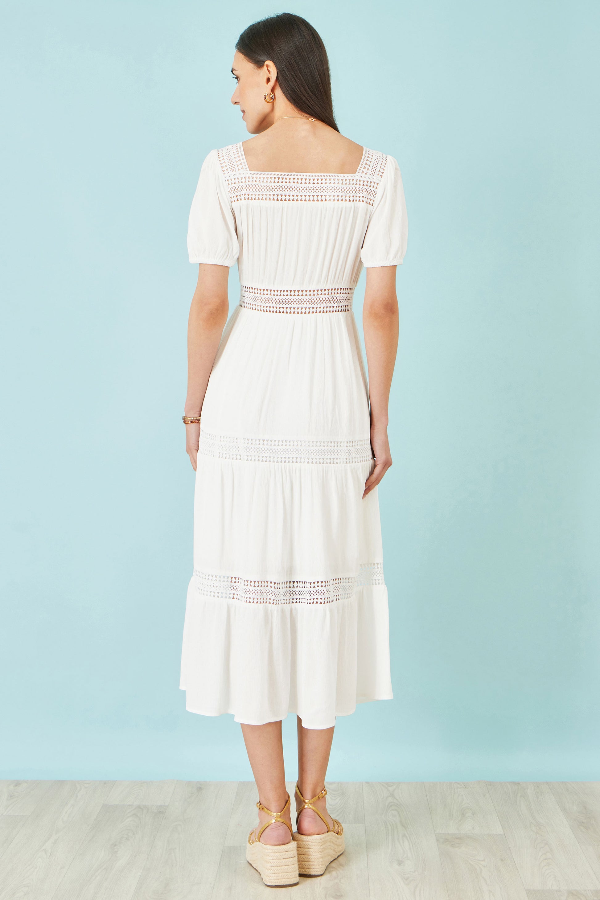 Yumi White Cotton Square Neckline Lace Midi Dress Beachwear Yumi