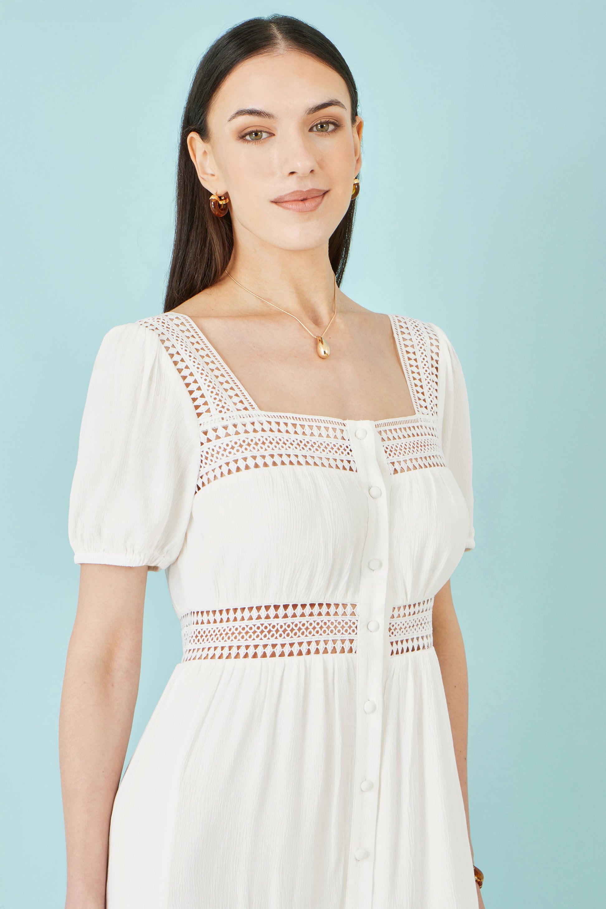 Yumi White Cotton Square Neckline Lace Midi Dress Beachwear Yumi