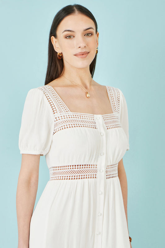 Yumi White Cotton Square Neckline Lace Midi Dress Beachwear Yumi