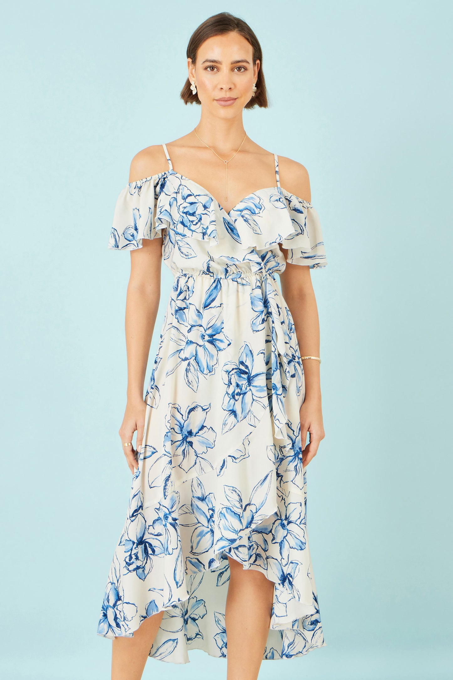 Yumi Ivory Floral Print Bardot Midi Dress With Dip Hem Beachwear Yumi