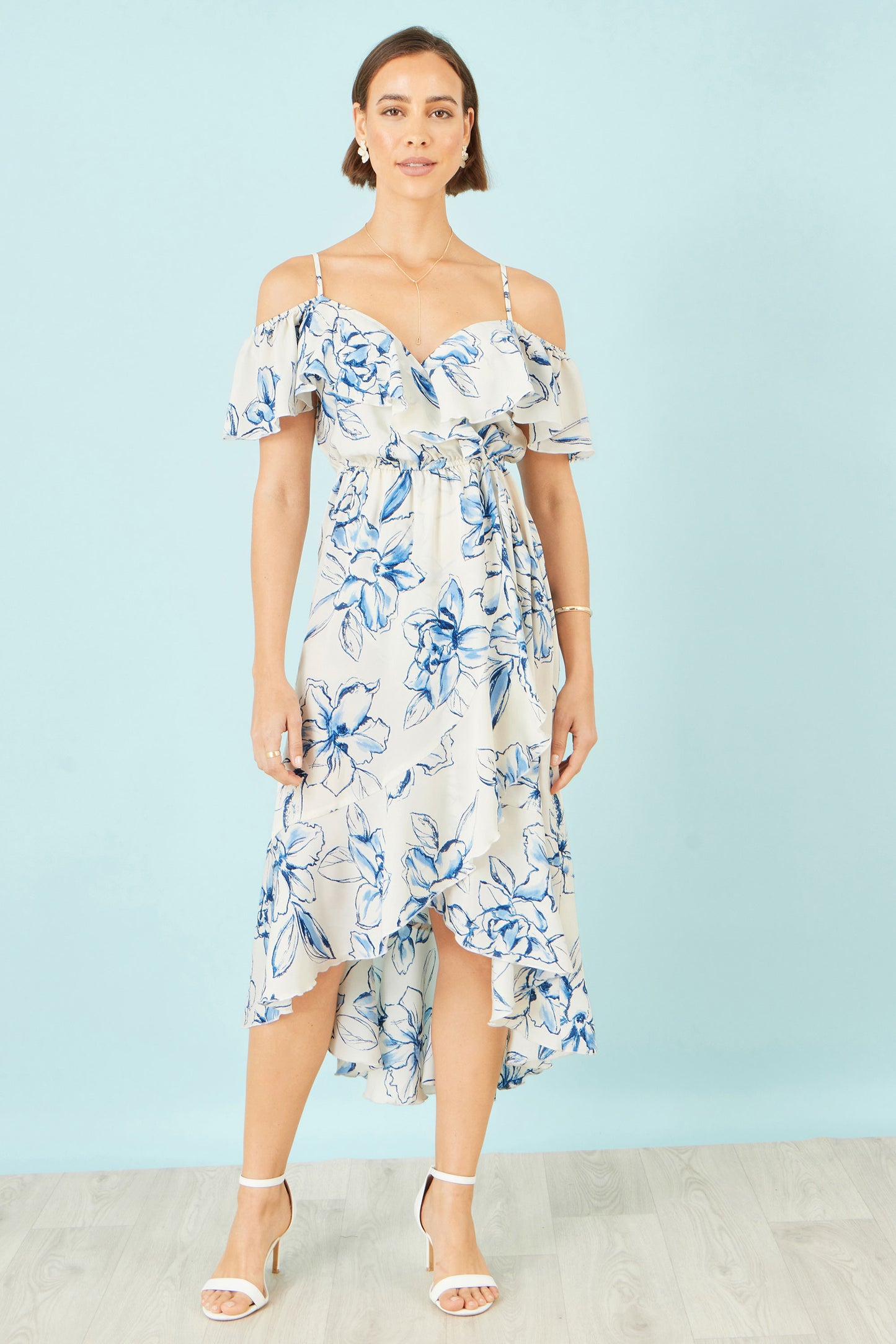 Yumi Ivory Floral Print Bardot Midi Dress With Dip Hem Beachwear Yumi
