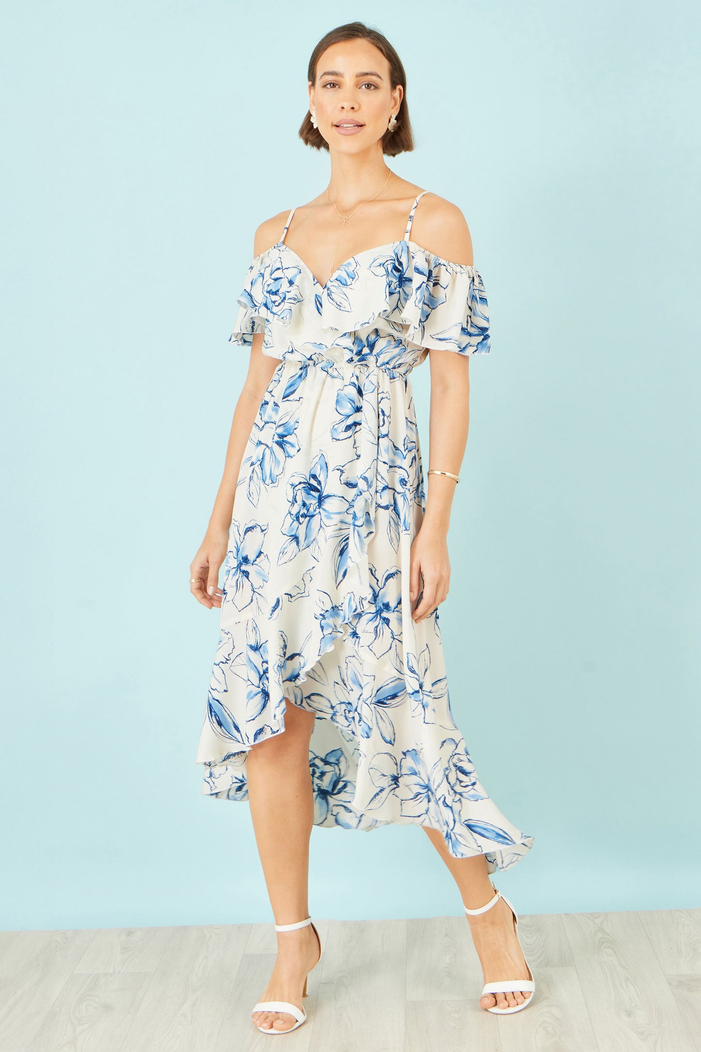 Yumi Ivory Floral Print Bardot Midi Dress With Dip Hem Beachwear Yumi