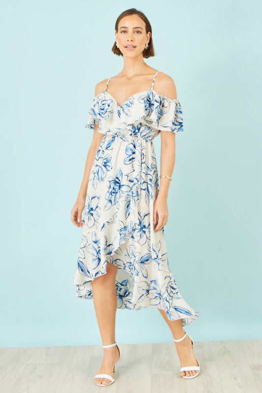 Yumi Ivory Floral Print Bardot Midi Dress With Dip Hem