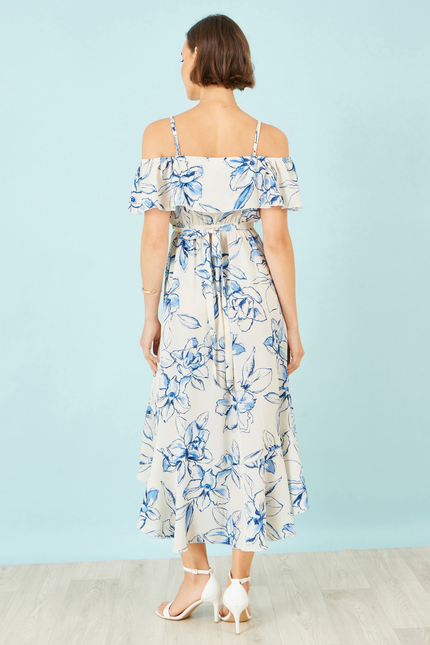 Yumi Ivory Floral Print Bardot Midi Dress With Dip Hem Beachwear Yumi