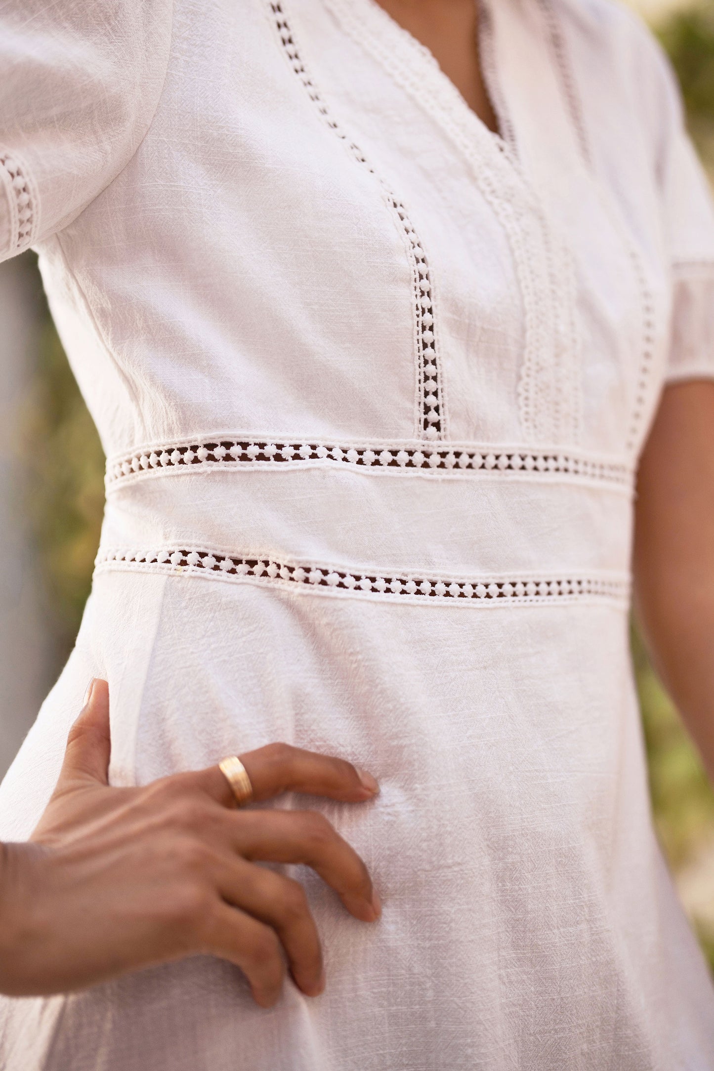 White Lace Trim V Neck Dress Dress Casual Yumi