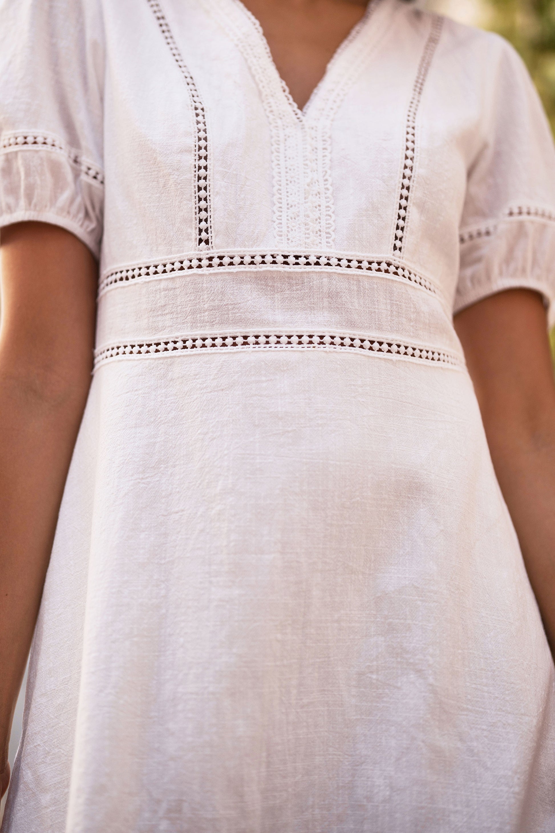 White Lace Trim V Neck Dress Dress Casual Yumi