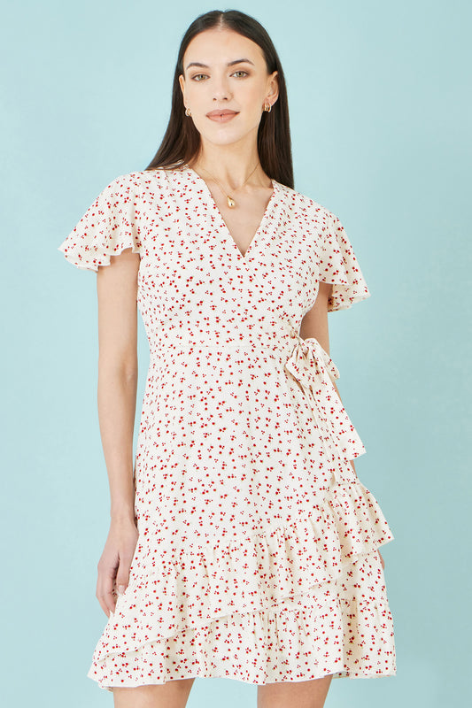 Yumi White Ditsy Print Frill Wrap Dress Dress Casual Yumi