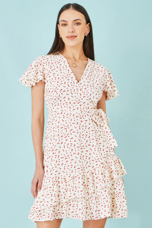 Yumi White Ditsy Print Frill Wrap Dress Dress Casual Yumi