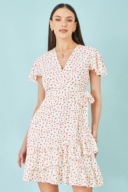 Yumi White Ditsy Print Frill Wrap Dress Dress Casual Yumi