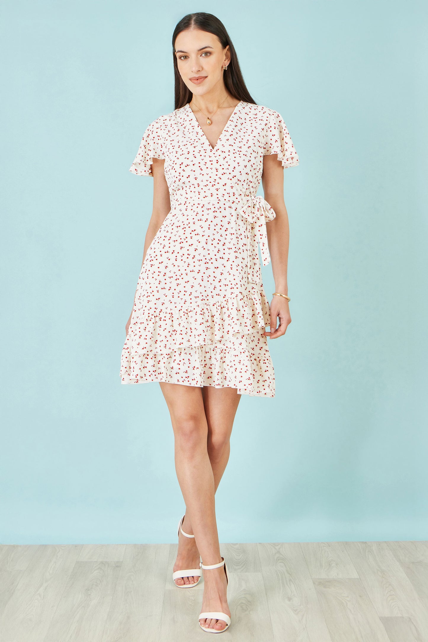 Yumi White Ditsy Print Frill Wrap Dress Dress Casual Yumi