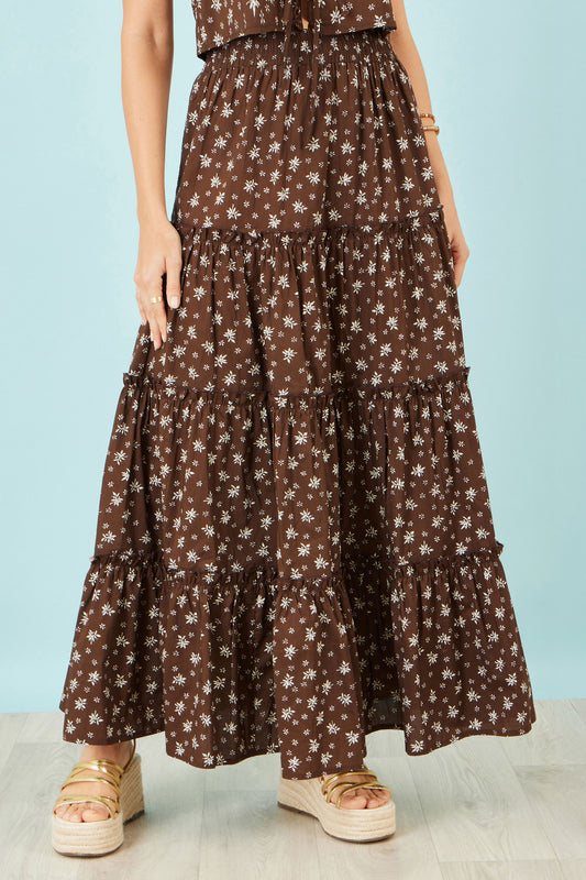 Yumi Brown Daisy Print Maxi Skirt Skirts Yumi