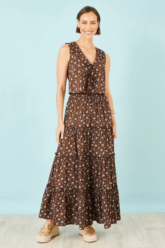 Yumi Brown Daisy Print Maxi Skirt Skirts Yumi