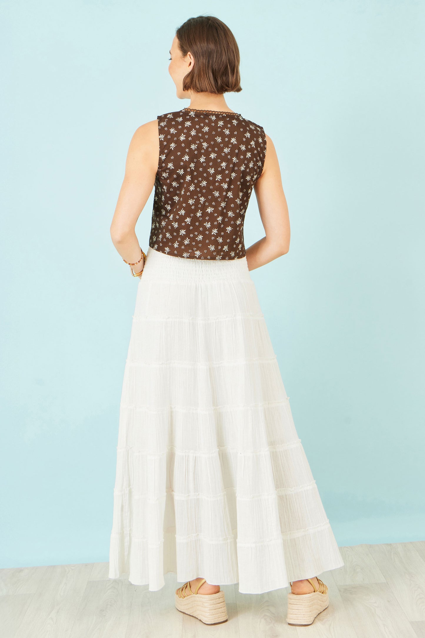 Yumi Brown Cotton Daisy Print Waistcoat Top WAISTCOAT Yumi