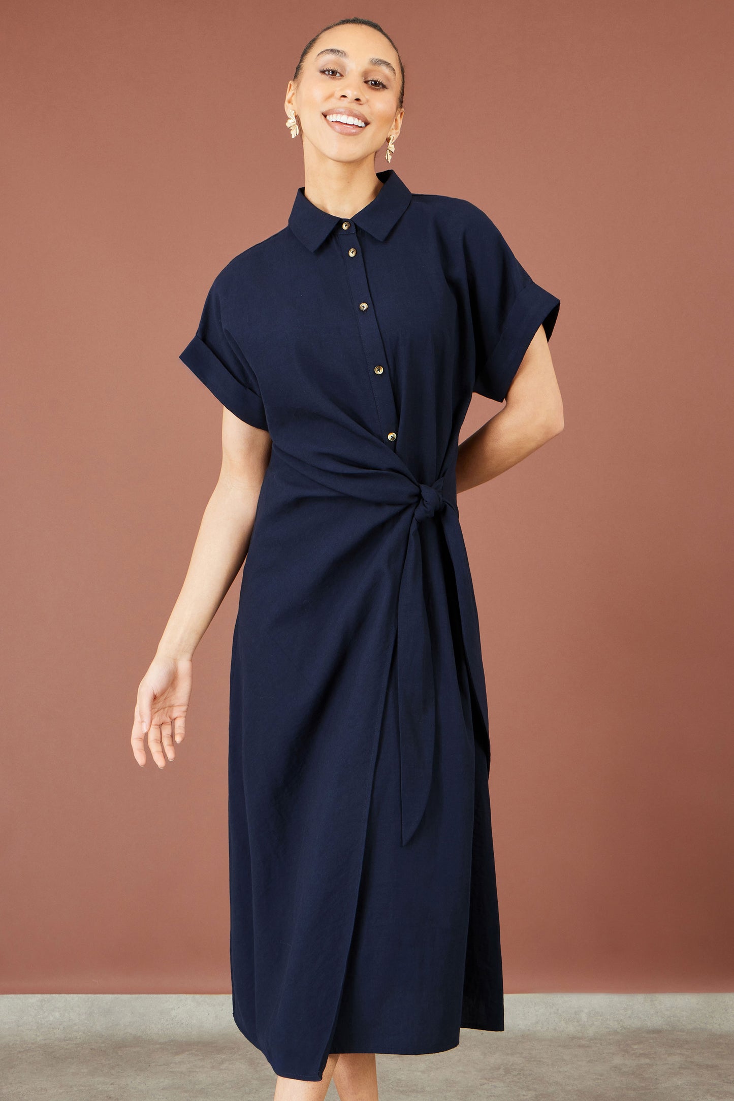 Yumi Navy Wrap Tie Midi Shirt Dress Dress Casual Yumi