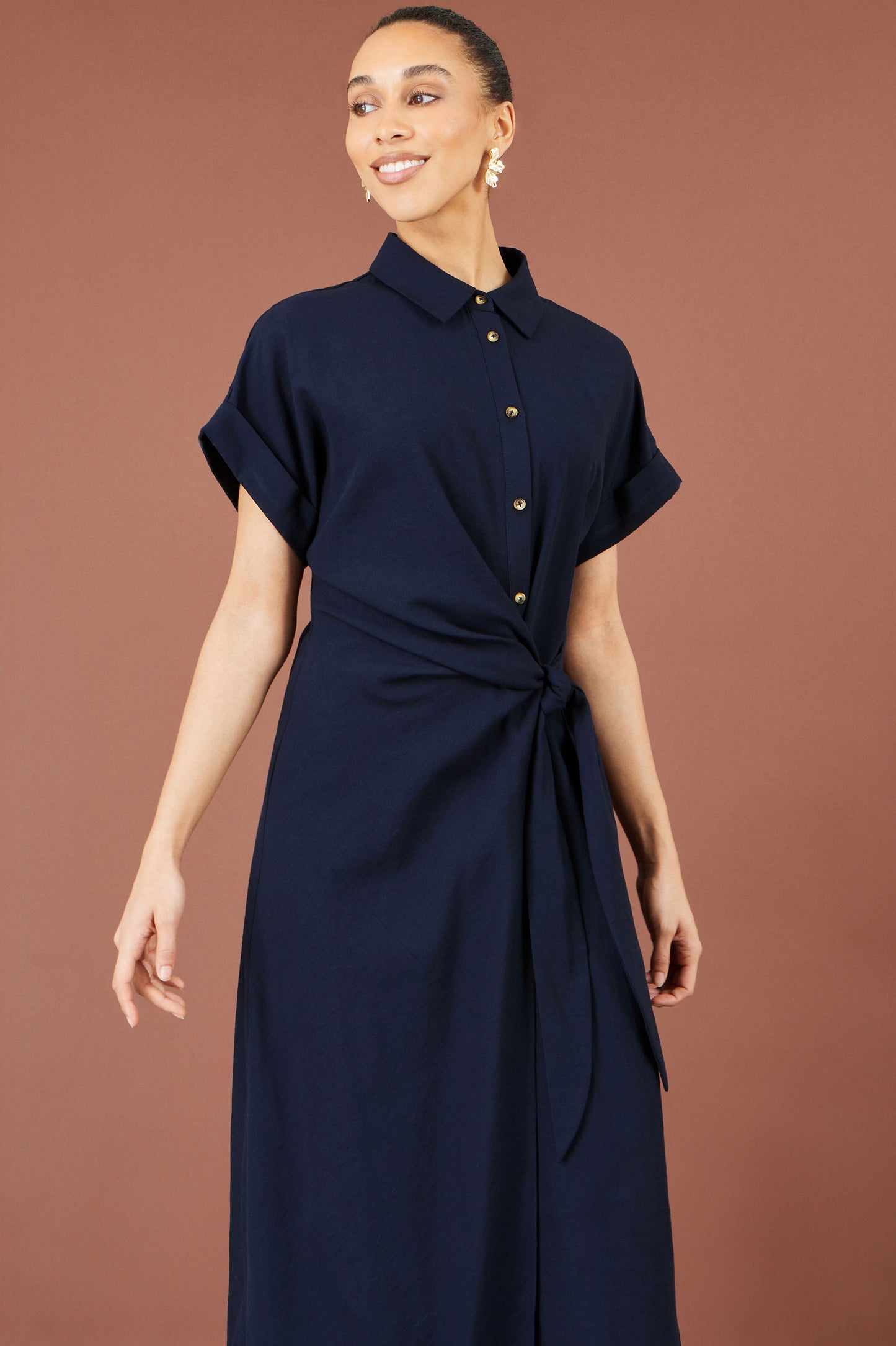 Yumi Navy Wrap Tie Midi Shirt Dress Dress Casual Yumi