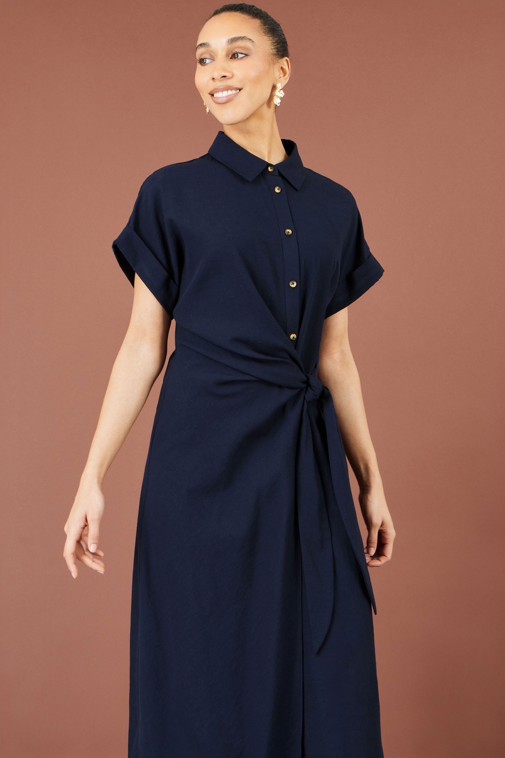 Yumi Navy Wrap Tie Midi Shirt Dress Dress Casual Yumi