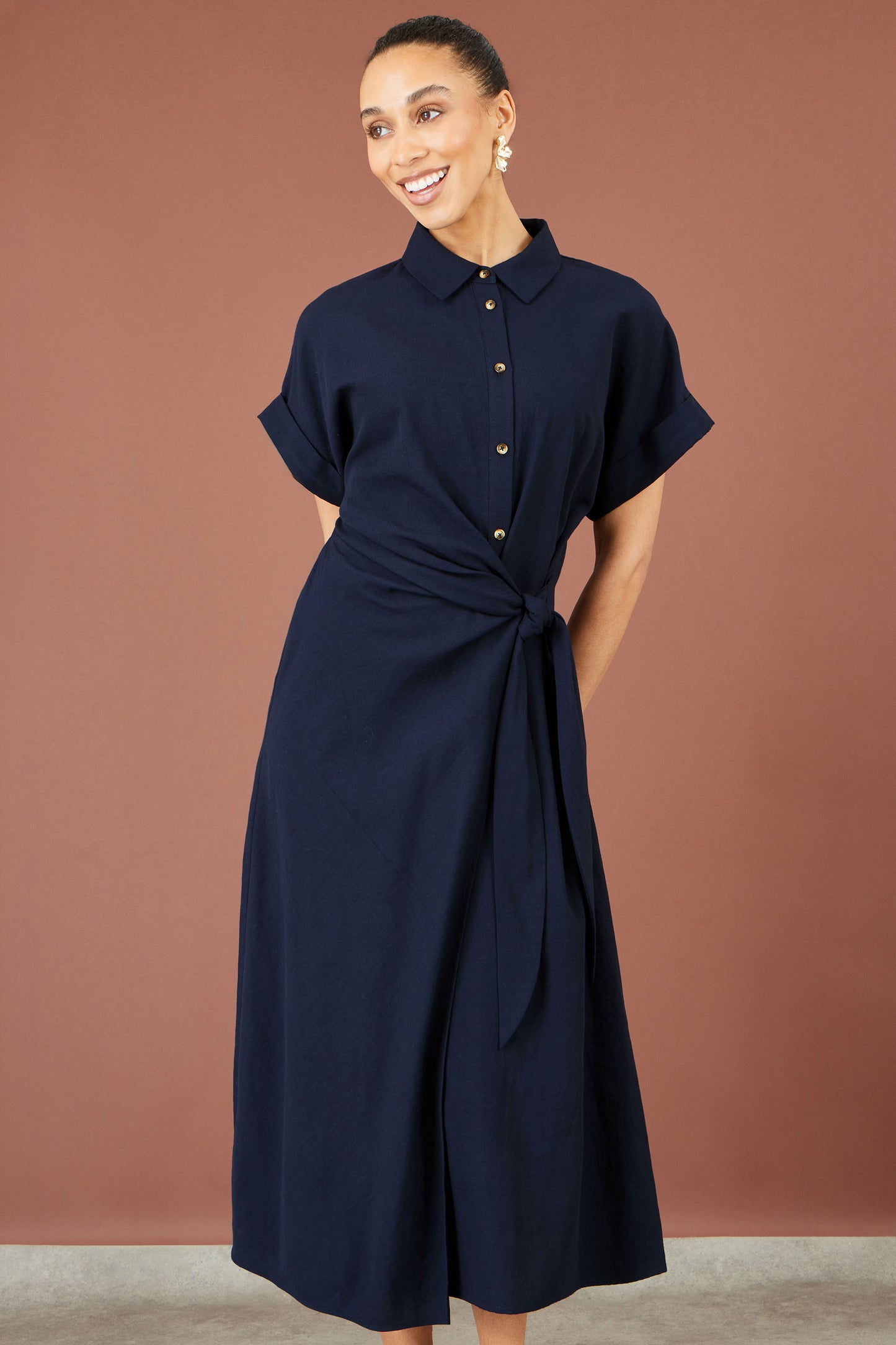 Yumi Navy Wrap Tie Midi Shirt Dress Dress Casual Yumi