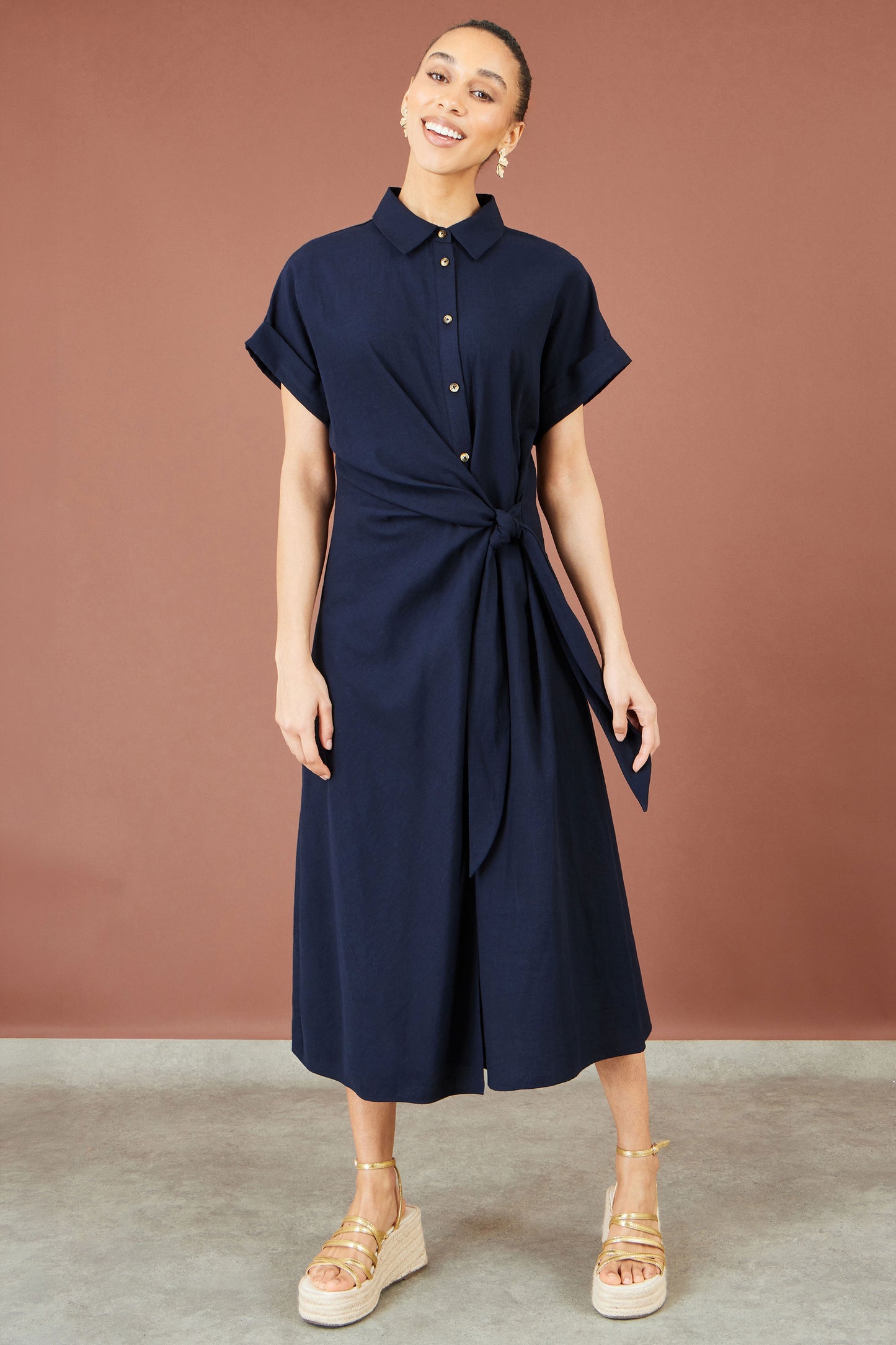 Yumi Navy Wrap Tie Midi Shirt Dress Dress Casual Yumi