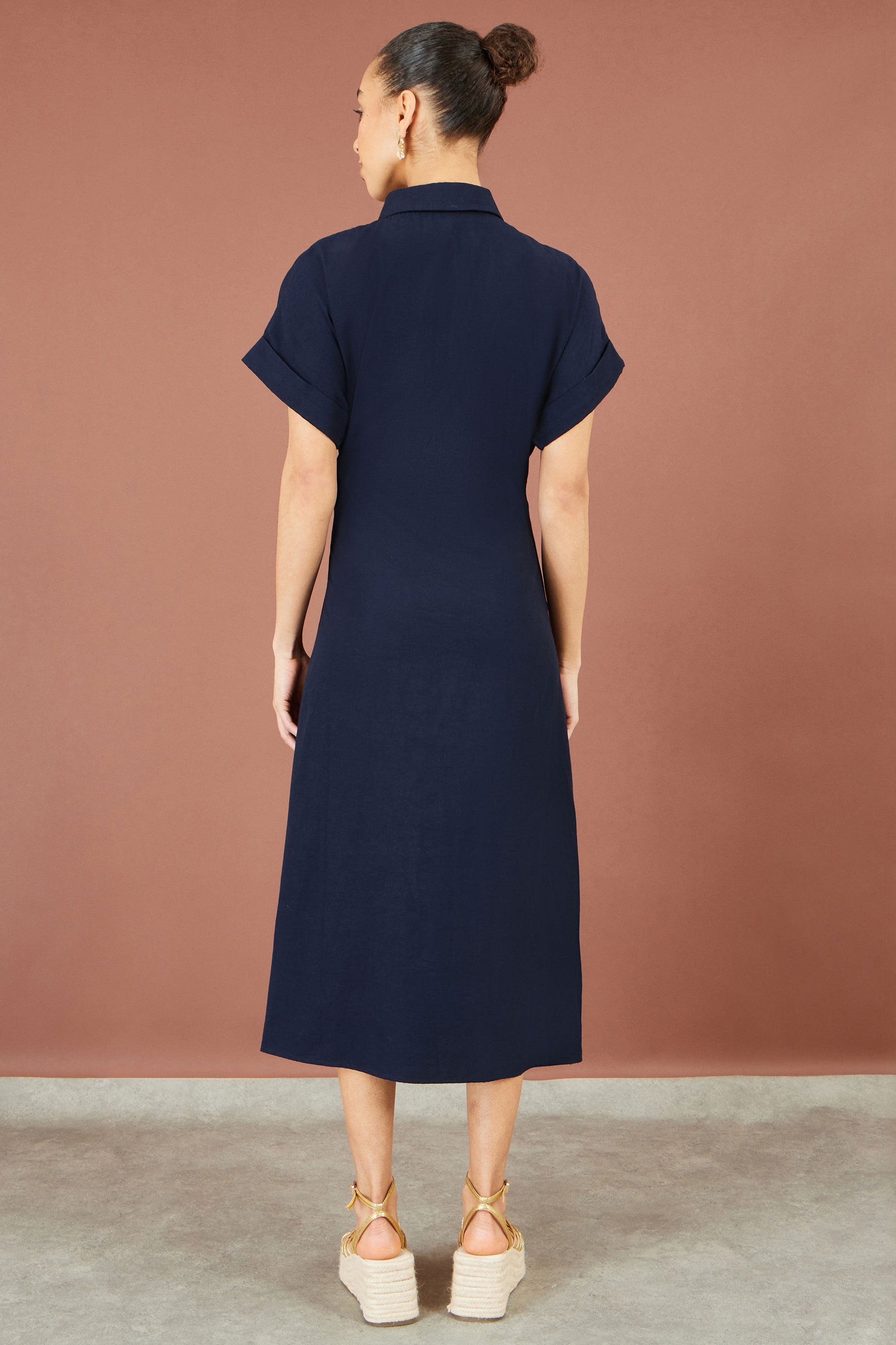 Yumi Navy Wrap Tie Midi Shirt Dress Dress Casual Yumi