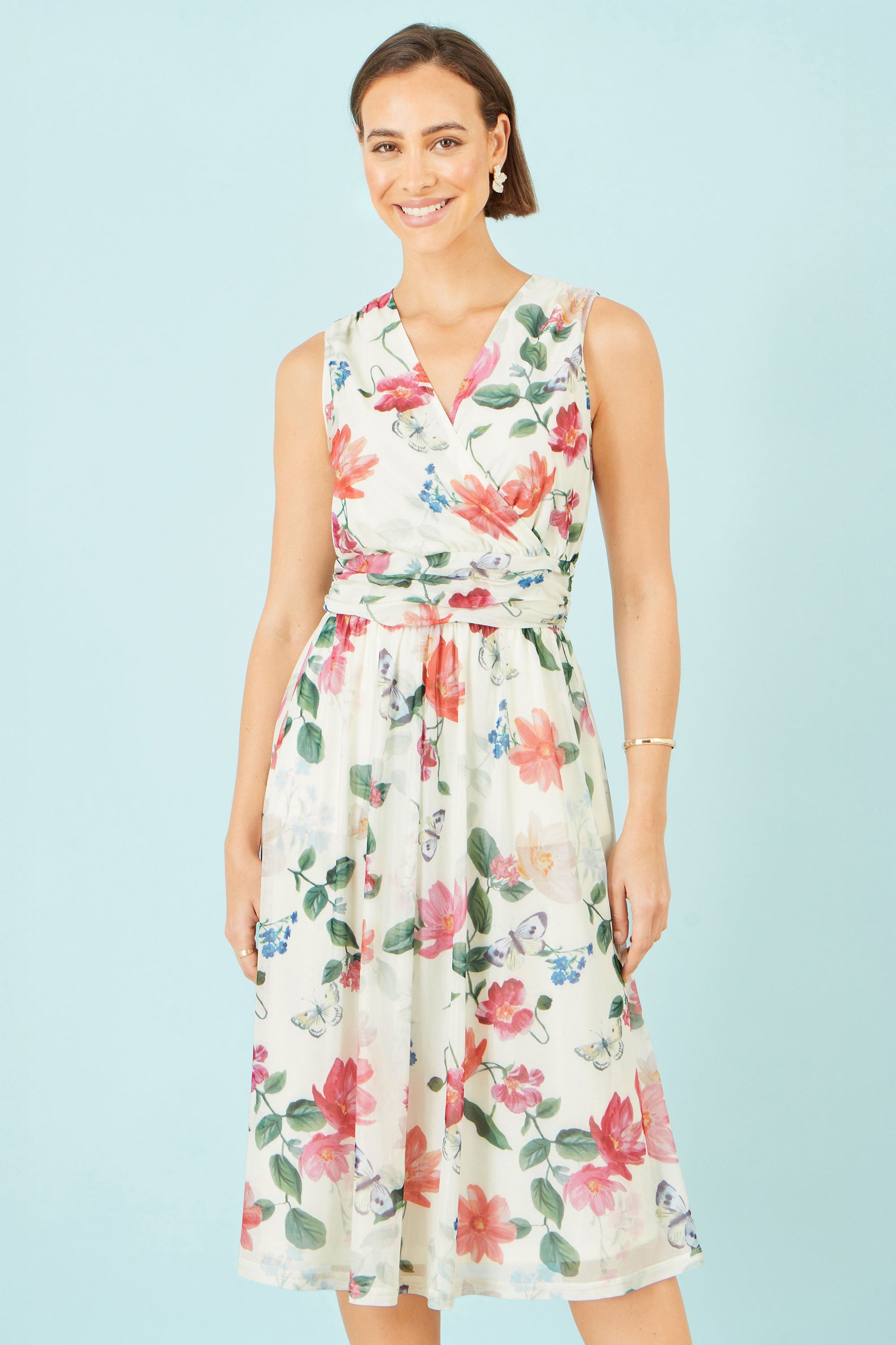 Yumi Ivory Blurred Floral Print Mesh Stretch Midi Dress With Pockets Dress Occasion Yumi