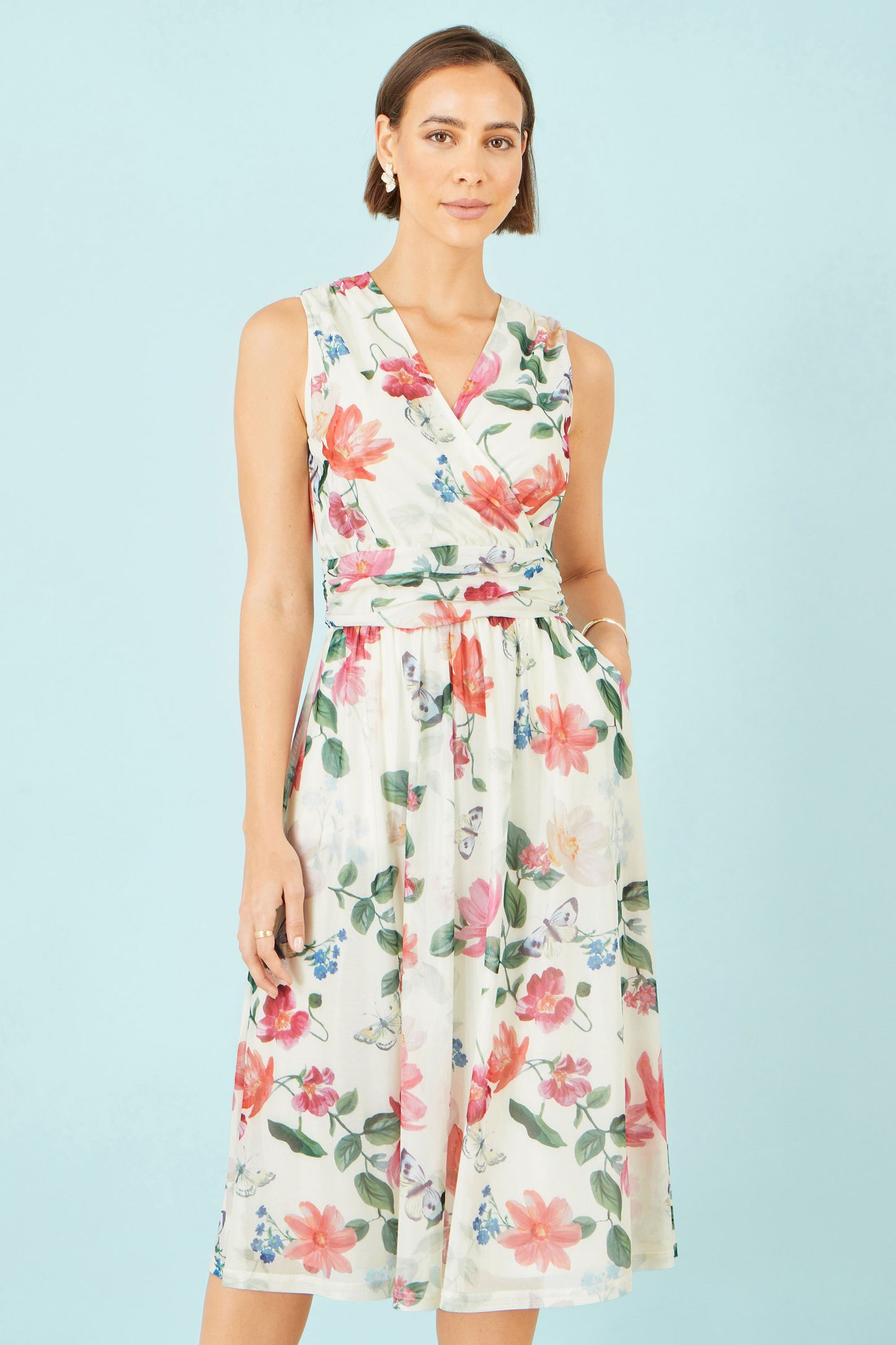 Yumi Ivory Blurred Floral Print Mesh Stretch Midi Dress With Pockets Dress Occasion Yumi