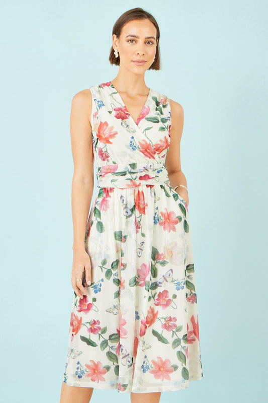 Yumi Ivory Blurred Floral Print Mesh Stretch Midi Dress With Pockets Dress Occasion Yumi